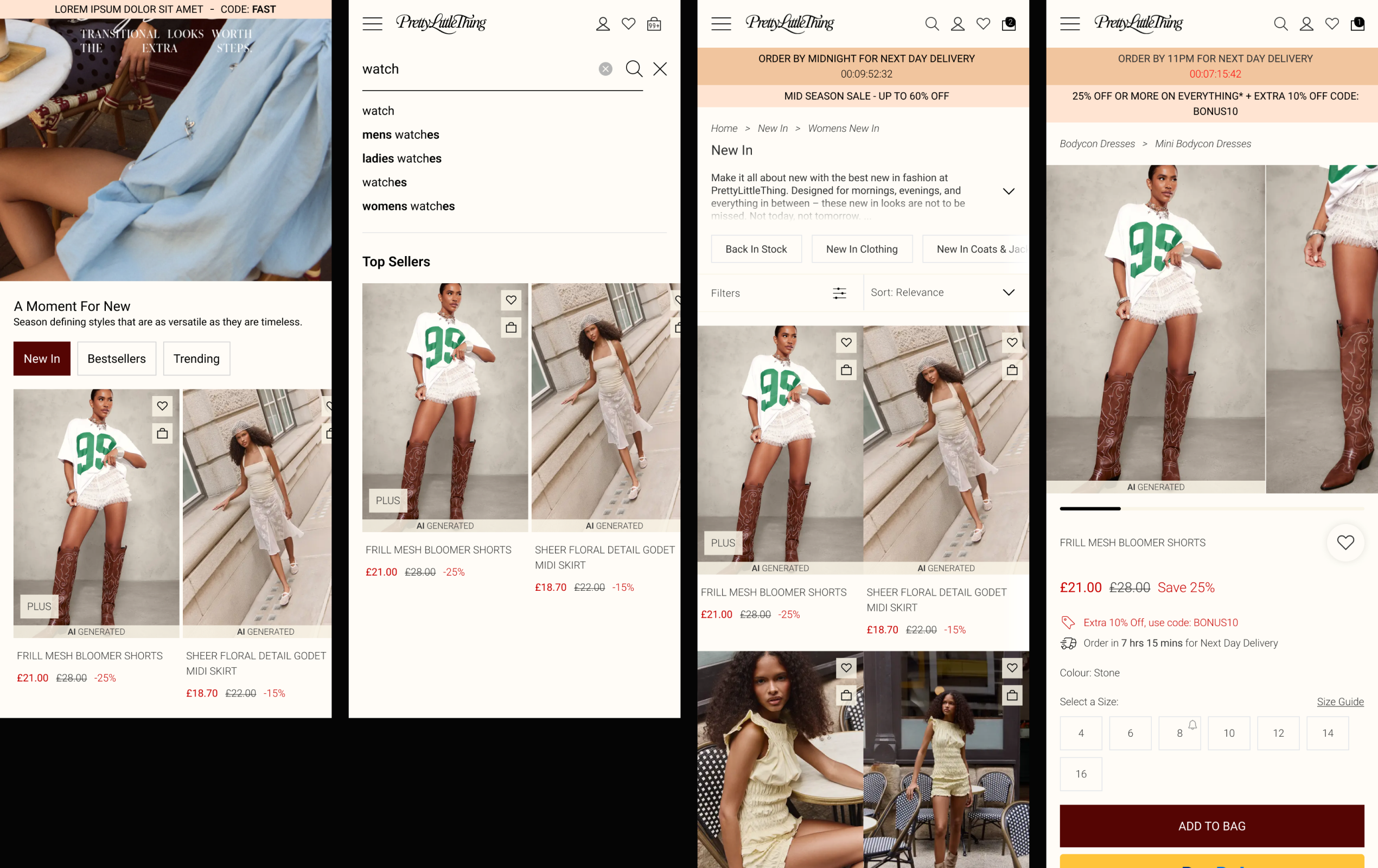 Home, search, PLP and PDP with the AI generated strip