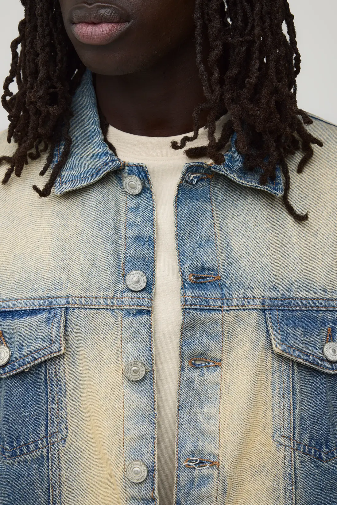 Extreme Washed Bleached Boxy Denim Jacket, close up