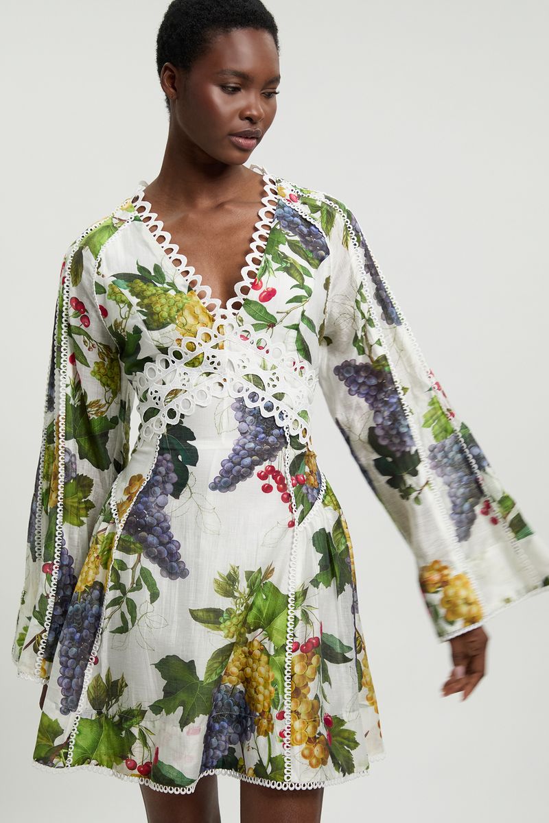 Fruit Print Tape Detail Long Sleeve Woven Mini Dress