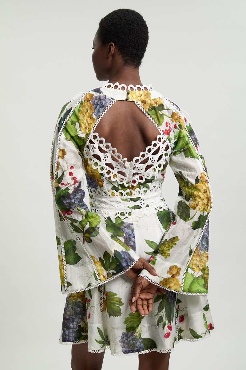 Fruit Print Tape Detail Long Sleeve Woven Mini Dress, back